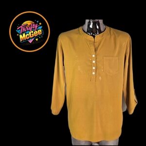 Mustard Yellow Mandarin Collar Blouse Misslook Size M Button Front 3/4 Sleeve